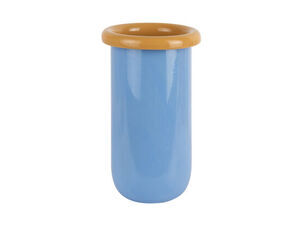 Cylindrisk vase i blød blå med mango gul topkant, velegnet til blomster.