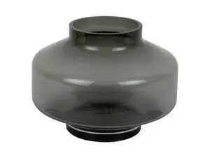 Mørkegrå vase med bred, rund krop og smal hals. Glansfuld overflade, tom.