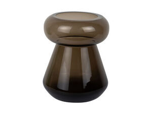 Chokoladebrun vase med bred, rund åbning og konisk form. Simpelt design, ingen dekorationer.