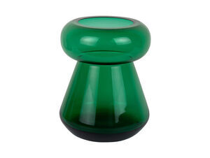 Grøn vase med glat overflade, bred åbning og unik form; bred top og smal bund.