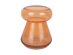 Vase i lys orange med rund top og bred konisk bund, unik form.