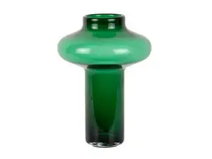 Vase med bred, rund top, smal hals, lang cylindrisk bund i dyb grøn farve.