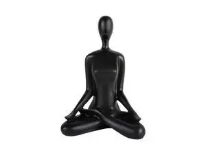 Abstrakt sort statue i meditation, med krydsede ben, hænder på knæ, glat overflade, minimalistisk design.