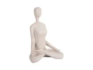 Statue af menneskelig figur i meditation, lys grå, minimalistisk uden ansigtstræk, krydsede ben.