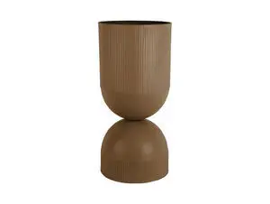 Mocha brun plant pot med lodrette linjer og unik dobbeltformet design, cylinder over kugle.