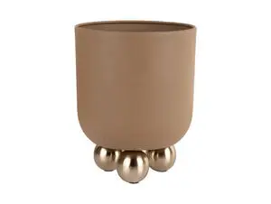 Mocha brun plantekrukke med glat overflade, på fire kugleformede metalben, designet til planter.