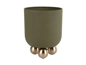 Grøn cylindrisk potte med fire guldfarvede kugleben.