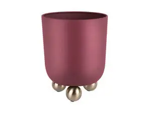 Mørk mauve plantepotte med glat, cylindrisk form på fire kugleformede, metalliske ben.