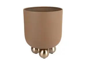Plantepotte i mocha brun med glat overflade, stående på fire kugleformede, metalliske fødder.
