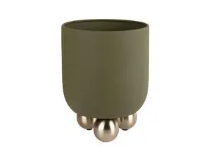 Stor grøn plantepotte med mat overflade og metalliske kuglefødder.