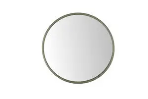 Rundt spejl med tynd, grøn ramme, der giver et luksuriøst udseende.