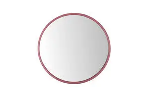 Rundt spejl med en burgundy rød ramme. Simpelt og minimalistisk design.