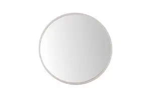 Cirkulært spejl med slank varm grå ramme og glat reflekterende overflade.