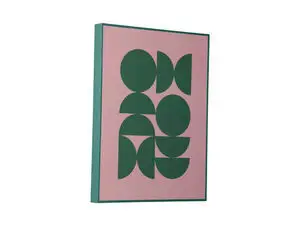 Vægkunst med grønne geometriske former på blød lyserød baggrund, grøn ramme matcher mønstrene.