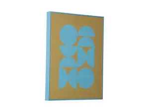 Geometrisk vægkunst med lyseblå former på citrongul baggrund og lyseblå ramme.