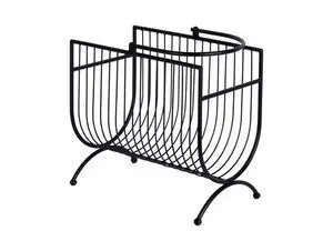 Sort magasinholder med lodrette, buede stænger i halvcirkel og åben ramme for synlighed.