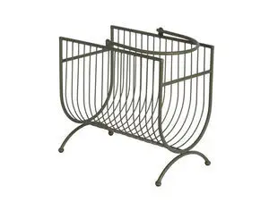 Magasinholder i luksuriøs grøn med vertikale stænger, kurvet base og fire buede ben for stabilitet.