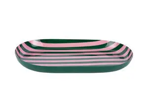 Lille oval bakke med lav kant og stribet mønster i retro grøn og blød pink.