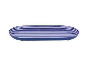 Stor oval bakke med striber i koboltblå og blød lilla, buede kanter.