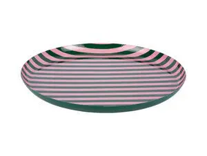 Rund tallerken med retro grønne og bløde pink striber, let forhøjet kant.