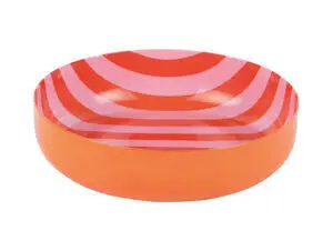 Skål med lys orange yderside, blød pink inderside og røde striber, glat cirkulær form med flad bund.