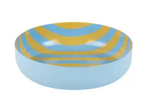 Rund skål med blød blå yderside og citrongul/blå stribet inderside, lav profil.