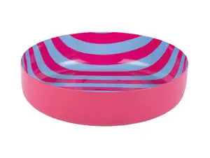 Rund skål i lys pink med stribet inderside i lys pink og blød blå.