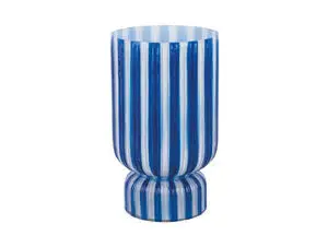 Stor vase med retro stribet design i koboltblå og hvid, cylinderformet med bredere base.