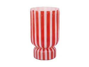 Stor vase med lodrette skarlagenrøde og hvide striber, cylindrisk form og afrundet base.