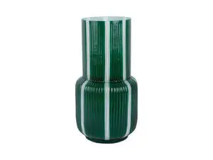 Grøn cylindrisk vase med hvidstribede lodrette linjer og ribbet overflade, udvidet i midten.