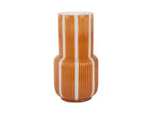 Høj vase med cylindrisk form, striber i mango gul og hvid, ribbet overflade, bredere bund.
