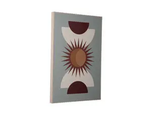 Vægkunst med geometrisk design, brun sol i midten, brun, hvid og gråblå farver, rektangulær ramme.