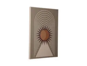 Vægmaleri med solfigur og stråler, omgivet af buede linjer på jordfarvet baggrund.