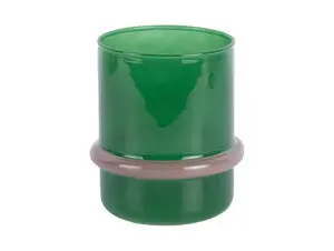 Cylinderformet grøn lysestage med en blød lyserød ring i midten, retro-stil.