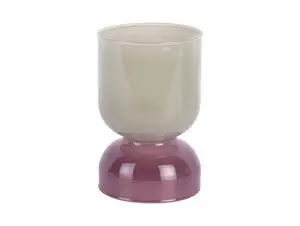 Tofarvet lysestage med grayed jade top og lys mauve bund, rund form, glat og blank overflade.