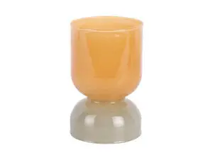 To-farvet lysestage, øverst okkergul, bund grålig jade, rund form, glat overflade, bredere top.