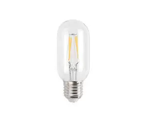 LED-pære med klar glas, metalbase og synlige filamenter.