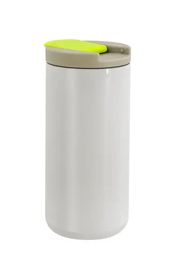 Cylindrisk gråt krus med beige låg og grøn detalje. Clip-on låg, kompakt til bilkopholdere.