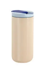 Cylindrisk to-go kop med lys krop, tofarvet låg og klip-lukning, passer til standard kopholdere.