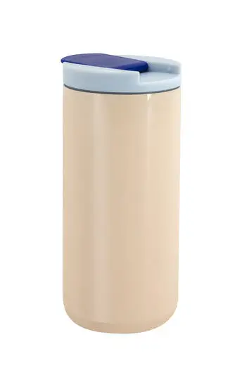 Cylindrisk to-go kop med lys krop, tofarvet låg og klip-lukning, passer til standard kopholdere.