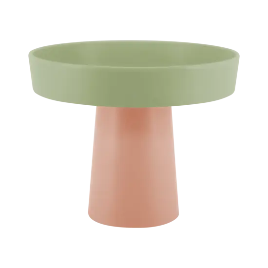Lille etagere med grøn rund top og lyserød kegleformet base, enkel og stilfuld i design.