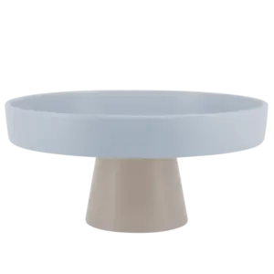 Etagere med flad blå top og konisk beige base. Rund form, tofarvet design.