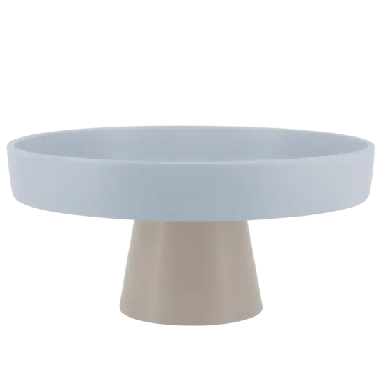 Etagere med flad blå top og konisk beige base. Rund form, tofarvet design.
