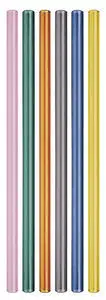 Seks farvede glasstrå i pink, grøn, orange, grå, blå og gul, alle cylinderformede.