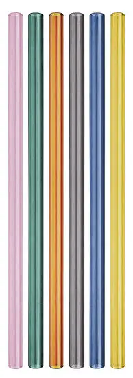 Seks farvede glasstrå i pink, grøn, orange, grå, blå og gul, alle cylinderformede.