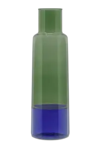 Glaskaraffel med blå-grøn farvegradient og moderne, cylindrisk design.