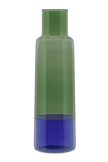 Glaskaraffel med blå-grøn farvegradient og moderne, cylindrisk design.