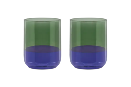 To drikkeglas med grøn top og blå bund, enkel cylinderform.