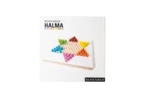 Spilpakke "Remember Halma" med farverige pinde på et geometrisk mønsteret spillebræt.