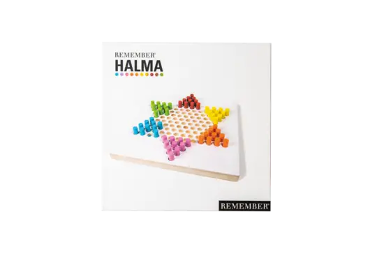 Spilpakke "Remember Halma" med farverige pinde på et geometrisk mønsteret spillebræt.